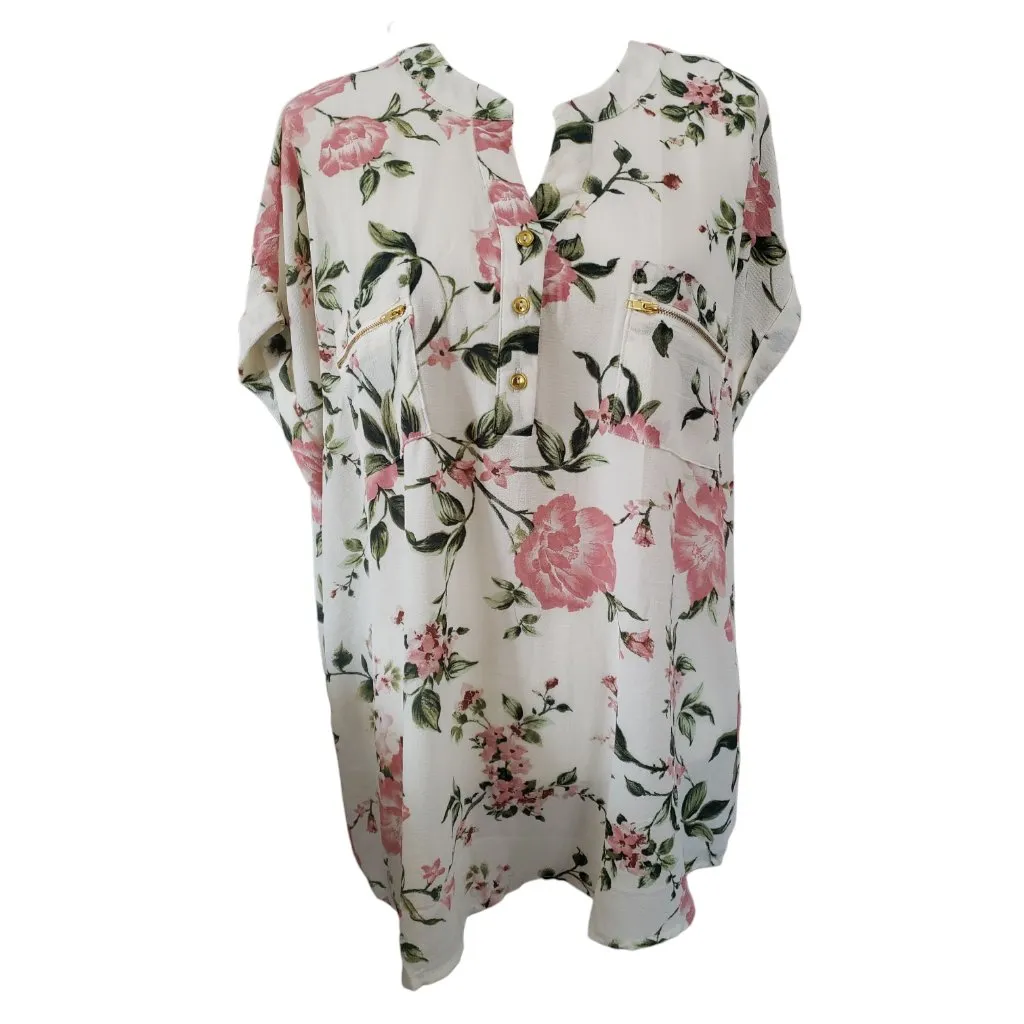 Flower & Feather Womens White with Pink Floral Blouse 2X - Image 2