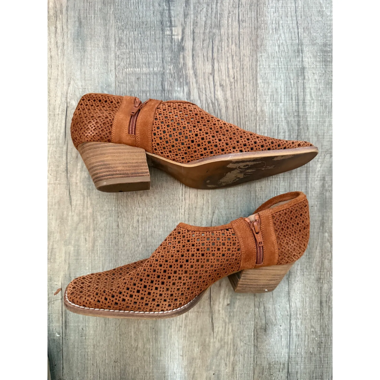 Free People Women's Brown Perforated Suede Leather Heeled Booties Size 40 - Image 2