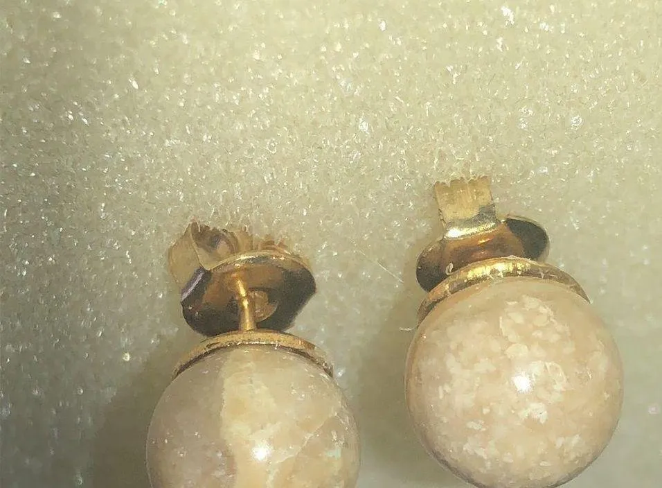 Tan Neutral Semi Precious Stone Gold Tone Dainty Ball Stud Pierced Earrings - Image 6