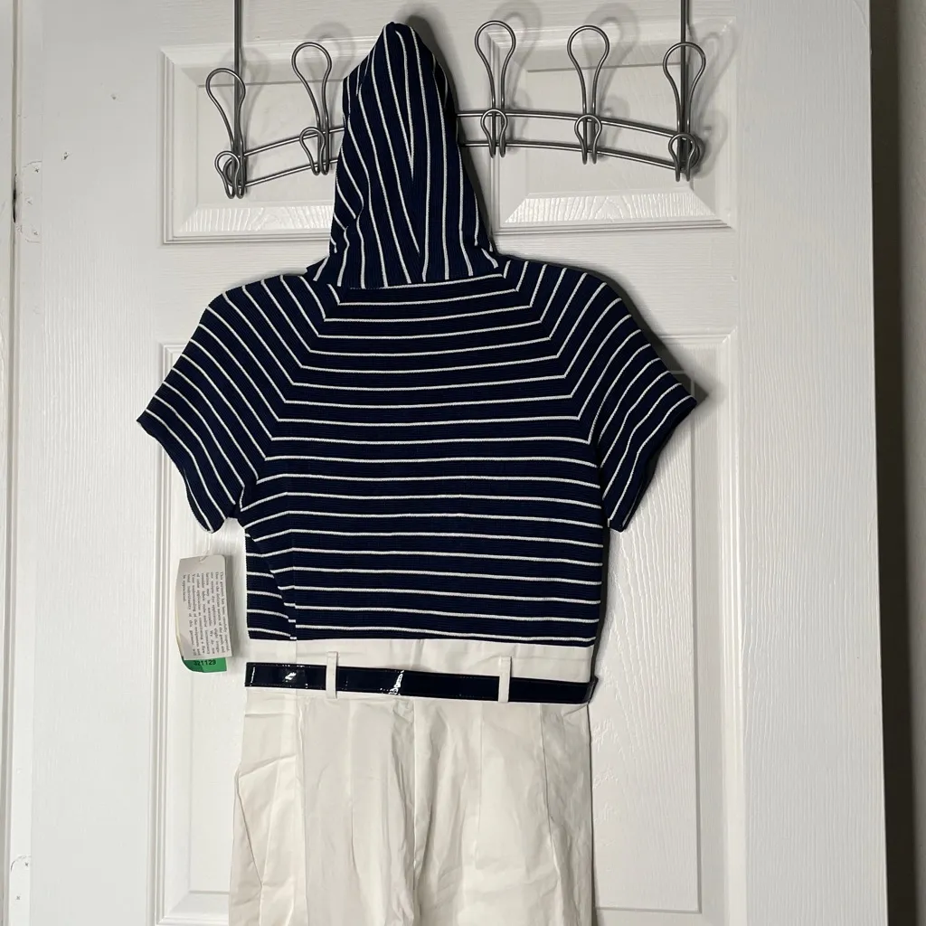 NWT John Roberts Sailor Striped Short Sleeve Hooded Belted Jumpsuit Vintage Blue Size 10P - Image 6