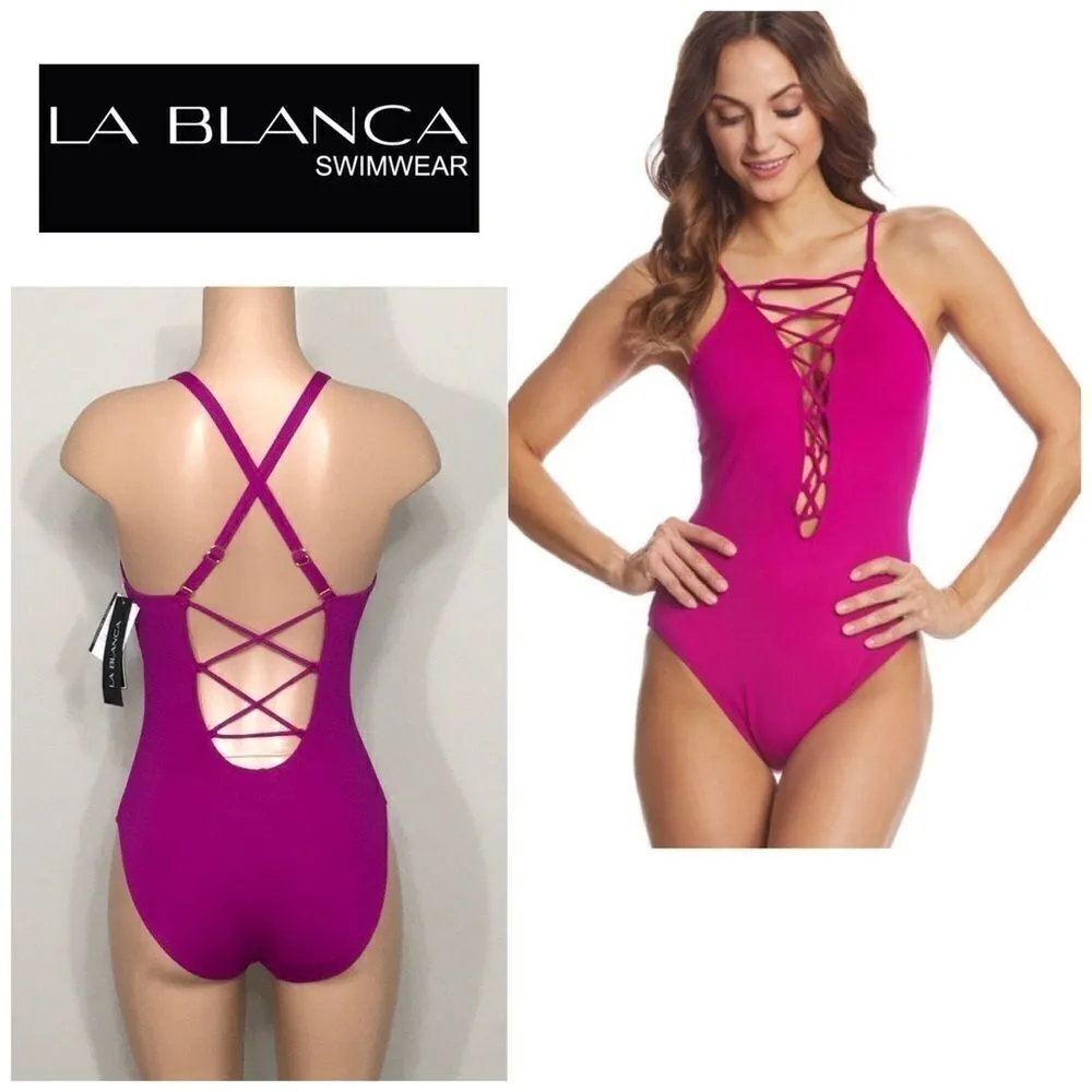 La Blanca Magenta lace up high neck. 6DD/ top. NWT - Image 2