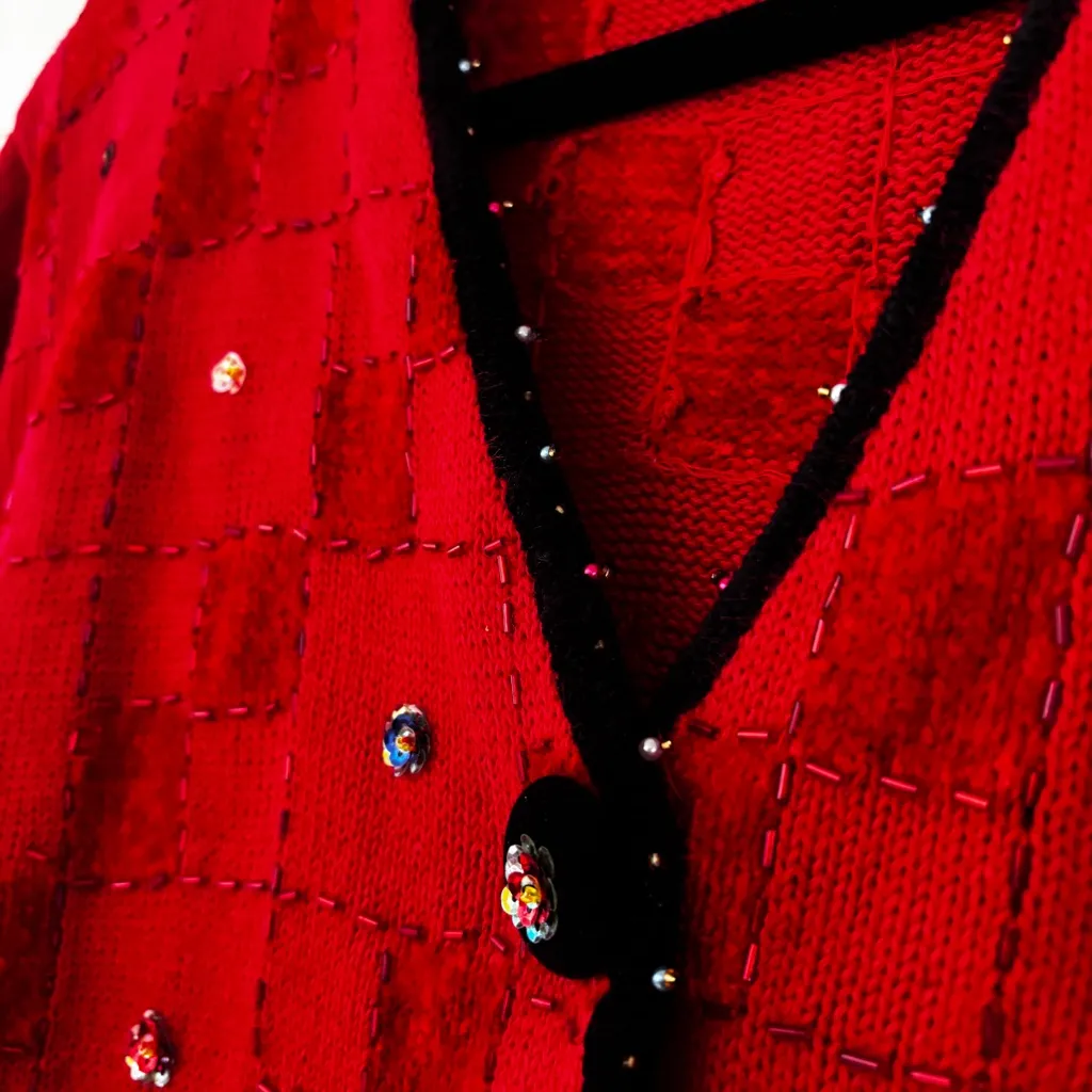 Berek Vintage Floral‎ Beaded Red Cardigan Beaded Fringe Size XL Checkered Sequin - Image 8