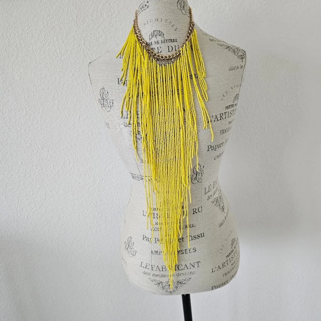 Yellow Beaded Large Collar Bib Festival Statement Necklace - Image 2