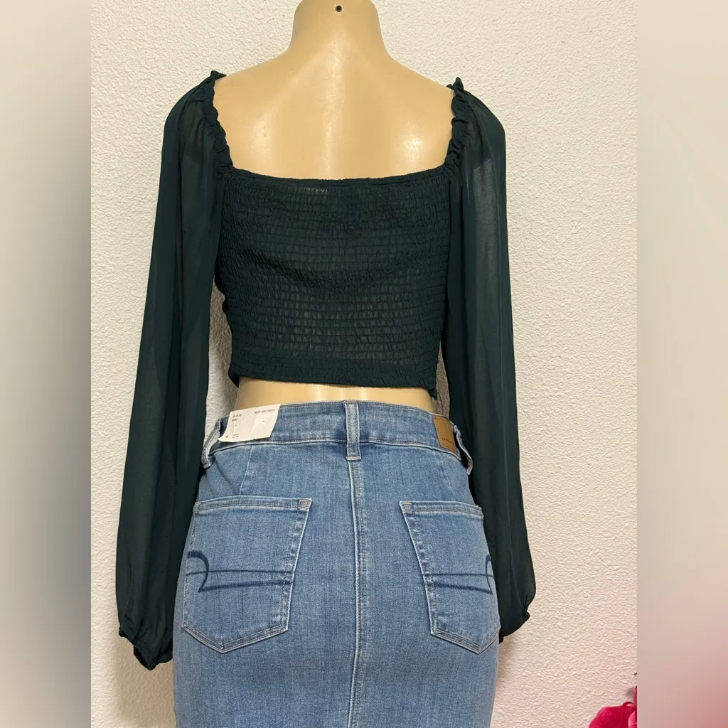 Windsor Dark Green Crop Top with Sheer Sleeves - Image 3