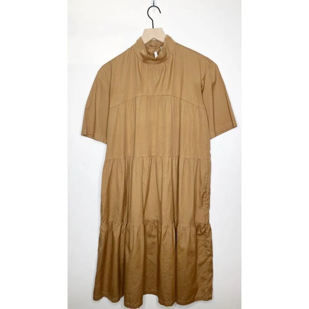 Everlane The Tiered Midi Dress Cotton Mock Neck Short Sleeve Tan XS - Image 3
