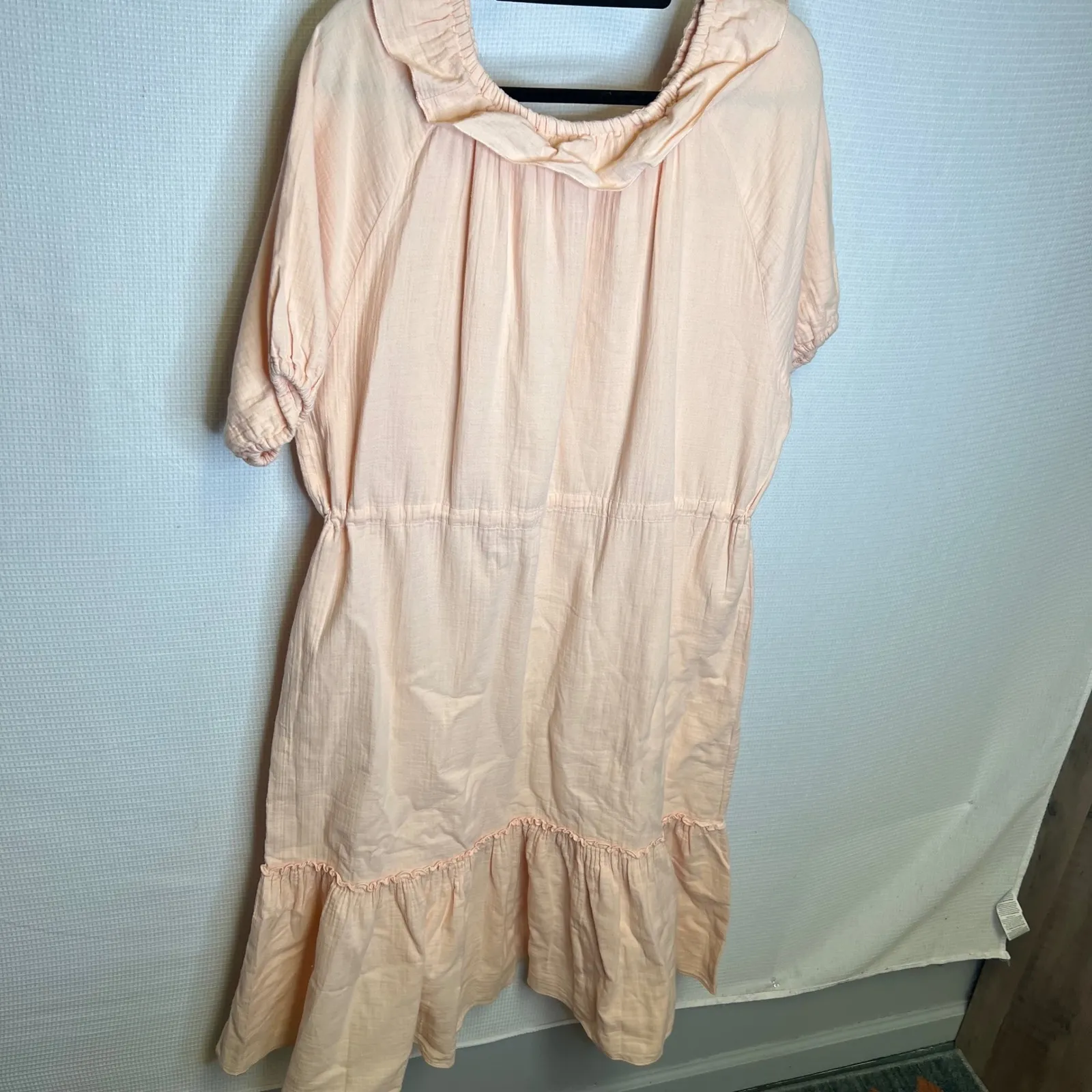 LiLU Women Peach Ruffle Drawstring Waist Tiered Midi Dress 100% Organic Cotton M Pink Size M - Image 6