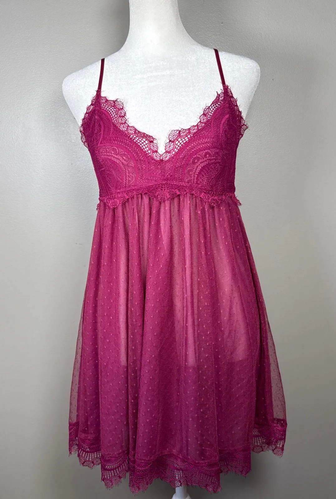 By Anthropologie Lace Mini night dress Burgundy Size Medium Lined Adj Straps - Image 2
