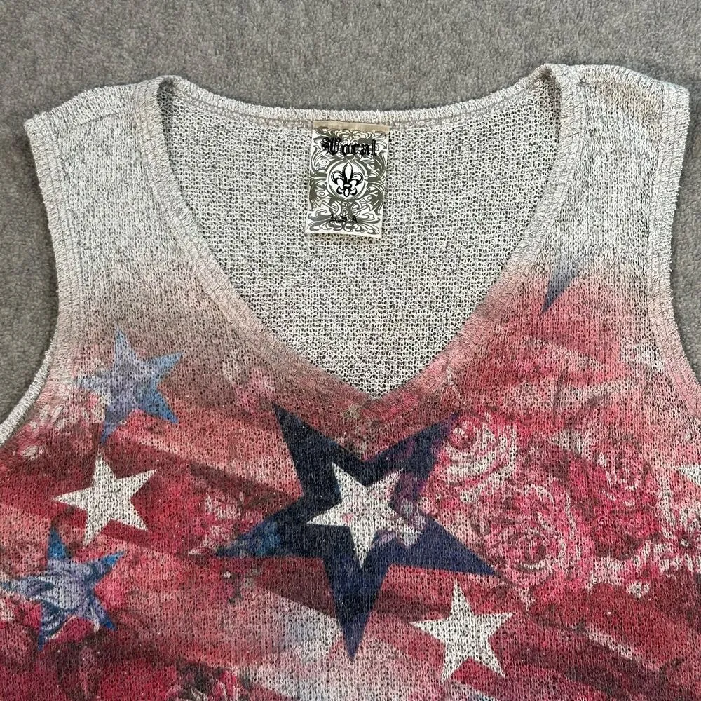 Vocal USA Tank Top Womens Large Red Blue USA American Flag Stars & Stripes Knit - Image 2