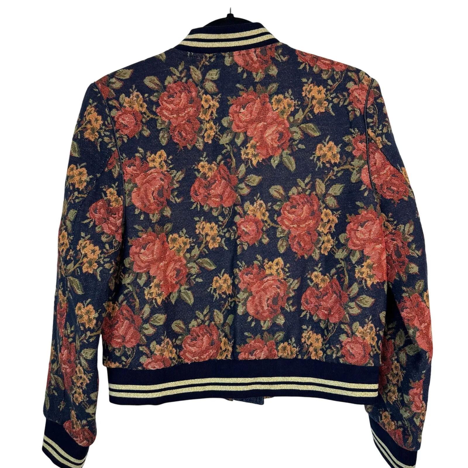 JOA Long Sleeve Floral Bomber Jacket Zip Up Navy Blue Lined Pockets Womens M Size M - Image 7