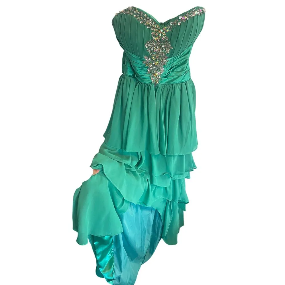 Handmade Women's Size 2 Sea Foam Green Hi Low Midi Dress Strapless Wedding - Image 3