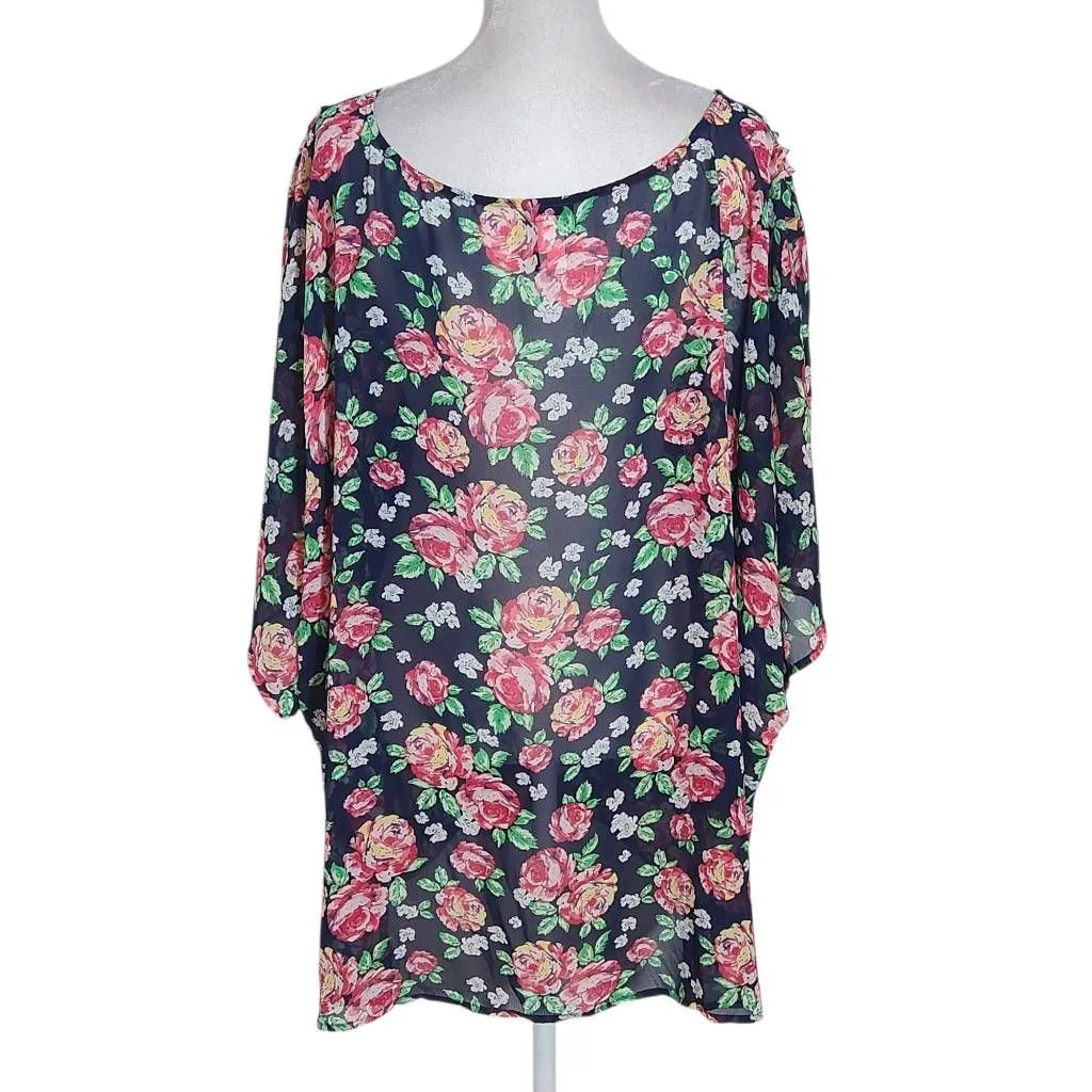 Torrid Sheer Navy and Pink Floral Blouse Size 4X Plus Size Floral Top - Image 2