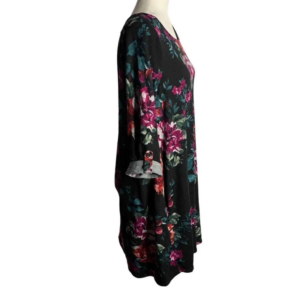 Apt 9 Floral Flannel Sweater Dress S Black Roll Tab Sleeve Pull Over Round Neck - Image 5