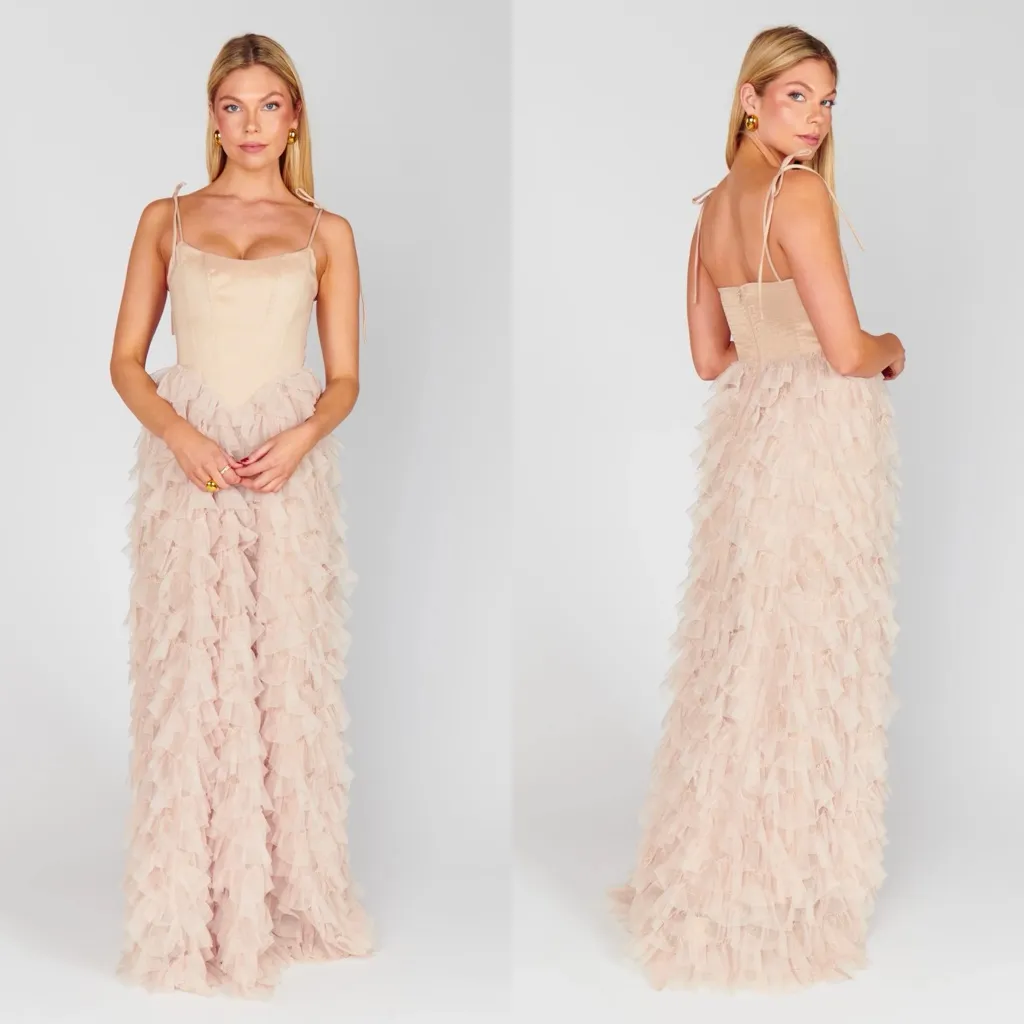 Show Me Your Mumu Francesca Corset Maxi Dress Champagne Tulle Ruffle - Image 4
