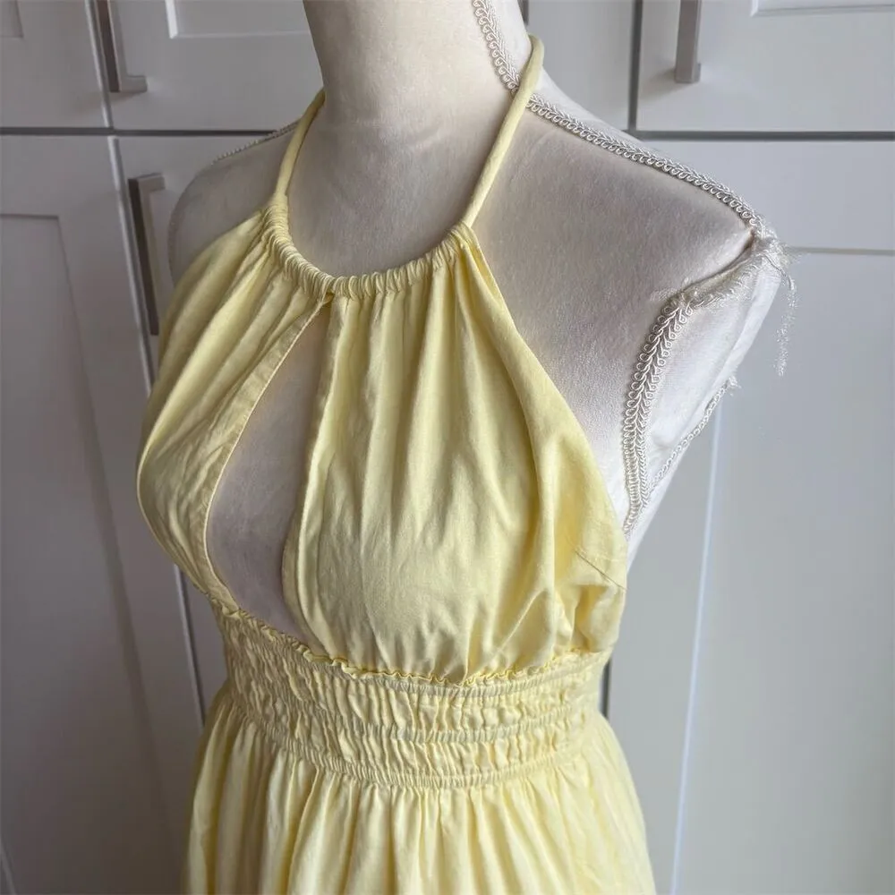 MINKPINK Women's Pale Yellow Halter Neck Midi Cotton Dress Size S - Image 4