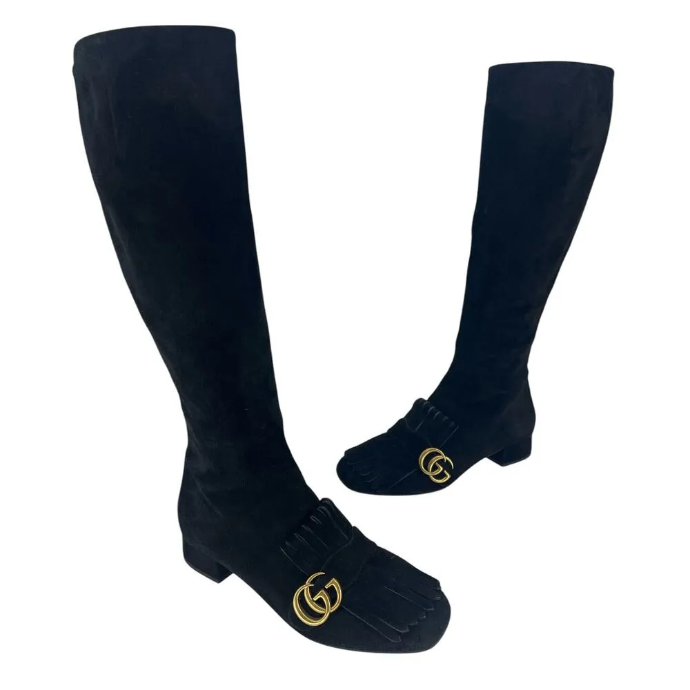 Gucci Suede Scamosciato GG Marmont Fringe Knee High Boots in Black - Image 3