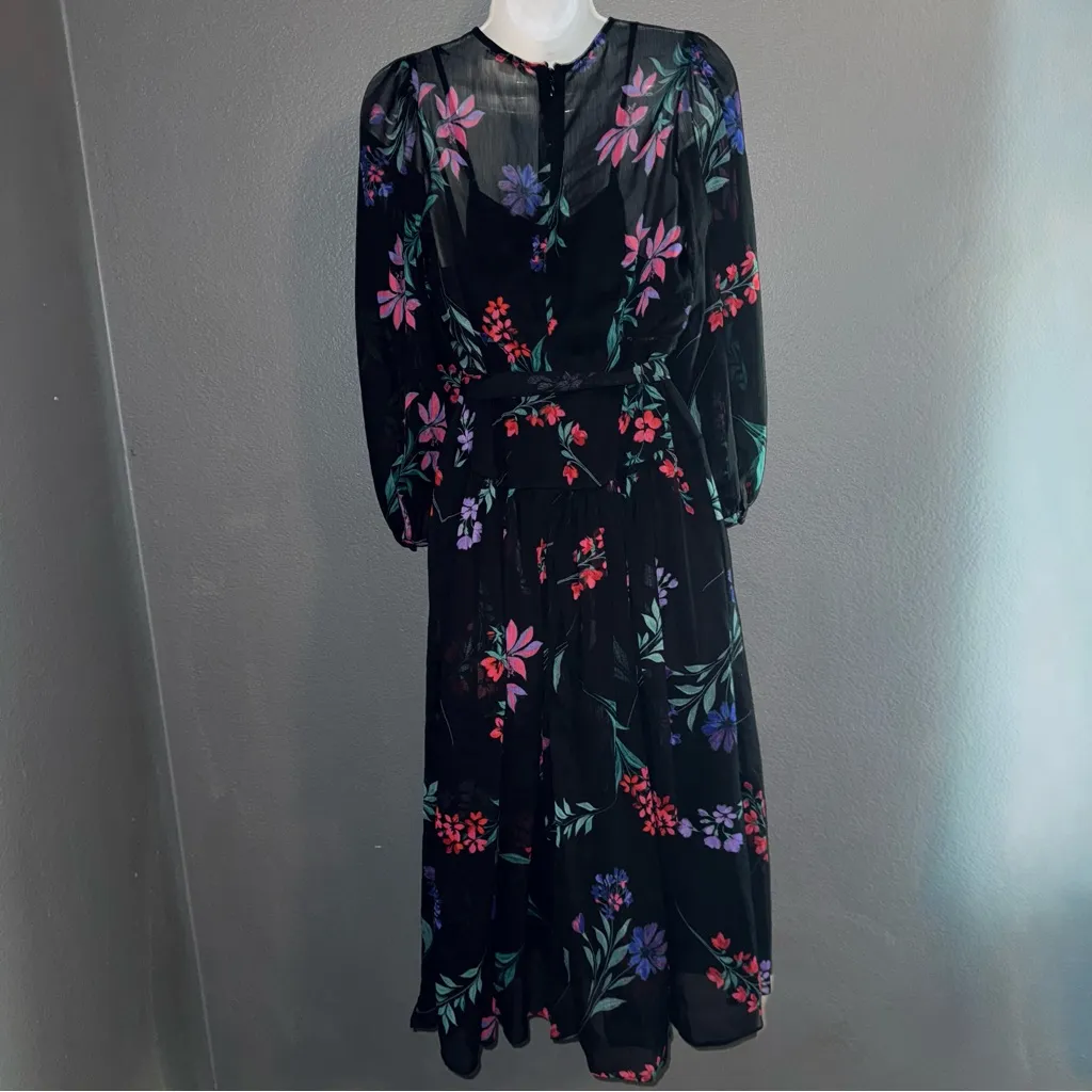 Calvin Klein Long Sleeve Black Floral Midi Dress Womens XS - Small 2 - Image 5