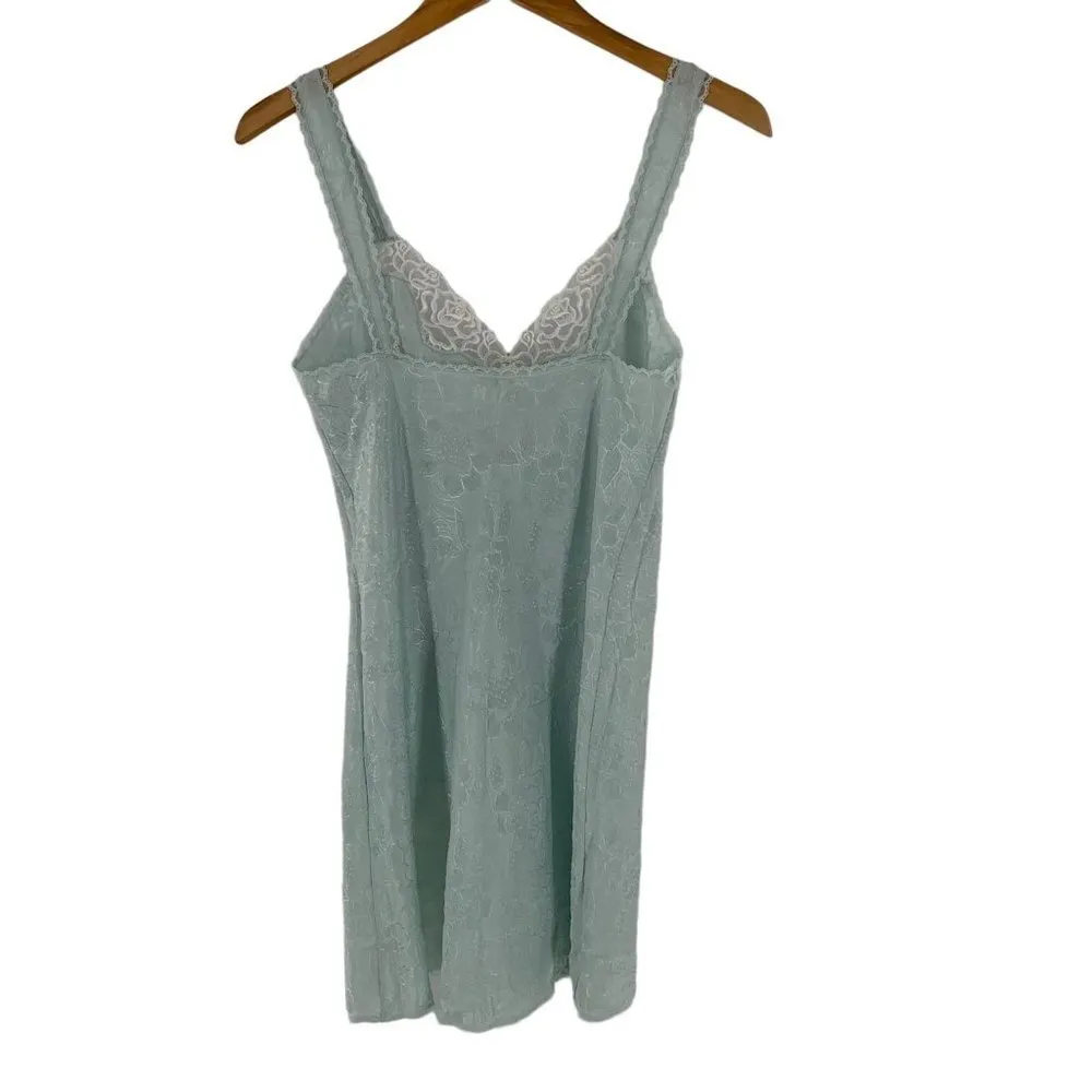 Vintage WACOAL Light Blue Floral Jacquard Satin Chemise Size Small Nightie - Image 4