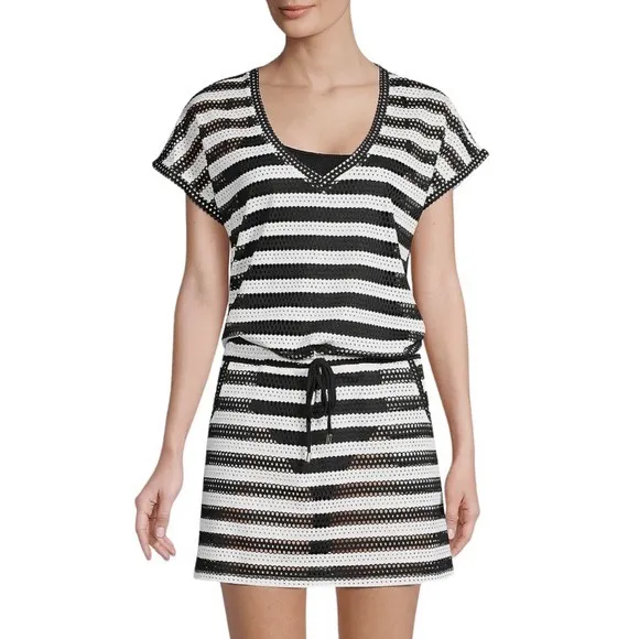 Calvin Klein Striped Mesh Dress Cover Up L/XL Lightweight Sheer Nautical Resort - Image 9