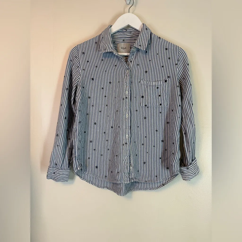 RAILS Rocsi Flocked Star Print Shirt Blue White Grey Medium - Image 4