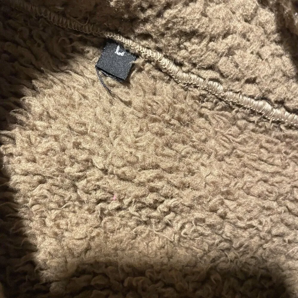 Womens Teddy Jacket Sz Large Bear Fleece Zip Up Camel Brown Tan Patch Pockets - Image 2