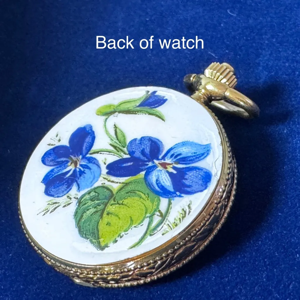 Vintage Bucherer Gold Floral Ceramic Quartz Pendant Watch Violet - Image 3
