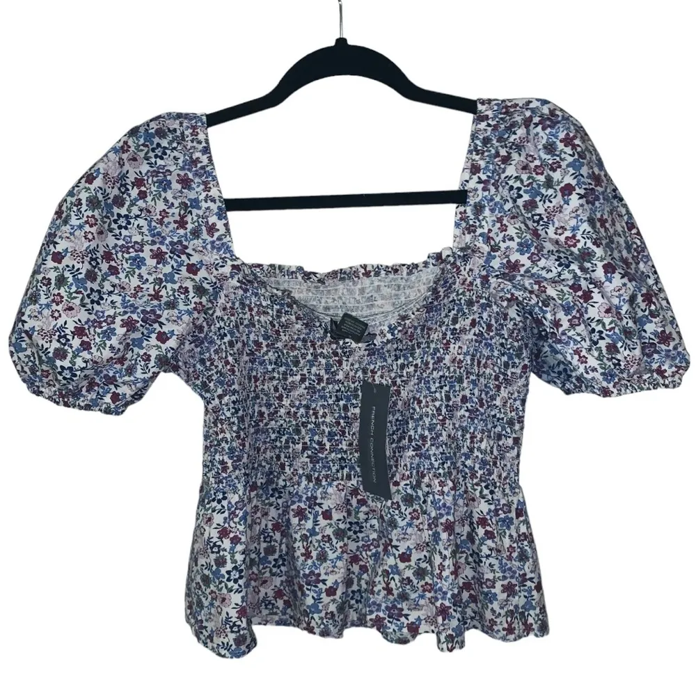 Floral cottage core Peplum Square Neck Smocked White feminine L spring top - Image 6