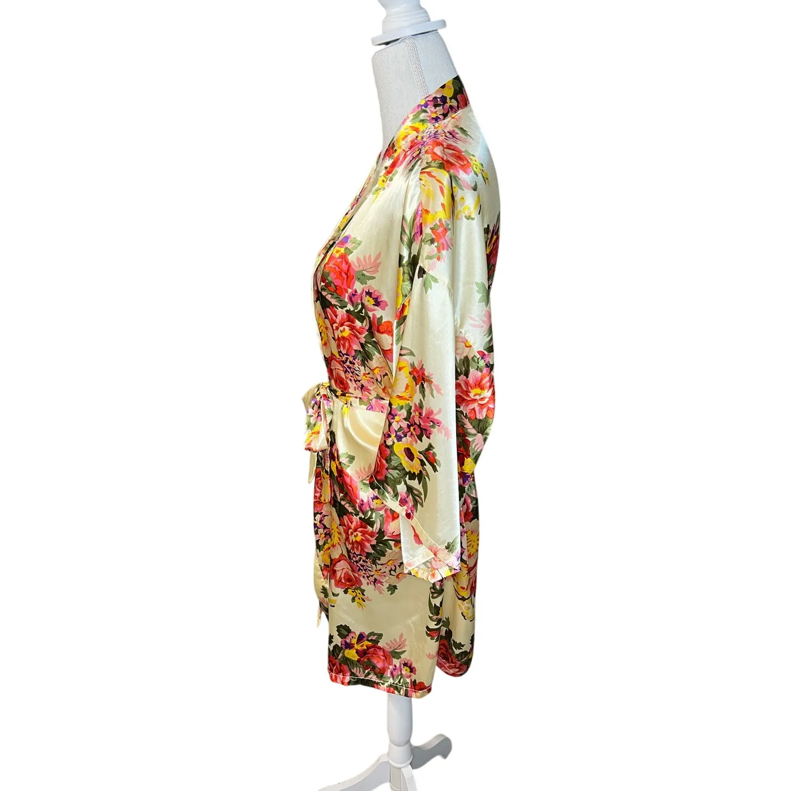 Floral satin kimono robe pajamas sleepwear loungewear glam feminine Yellow Size M - Image 5