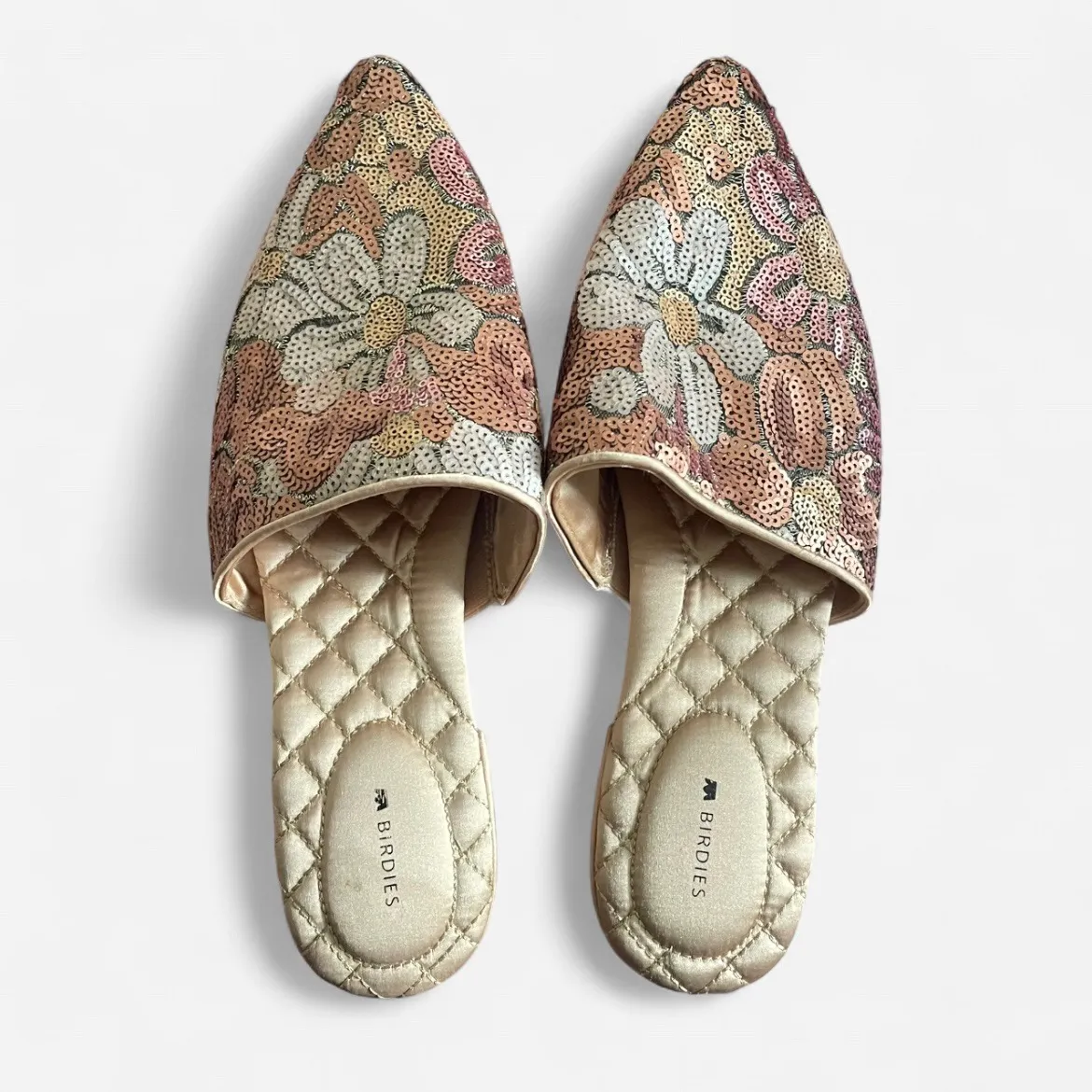 Birdies The Dove Pink Petal Floral Sequin Pointed Toe Mules Flats in Size 10.5 - Image 2