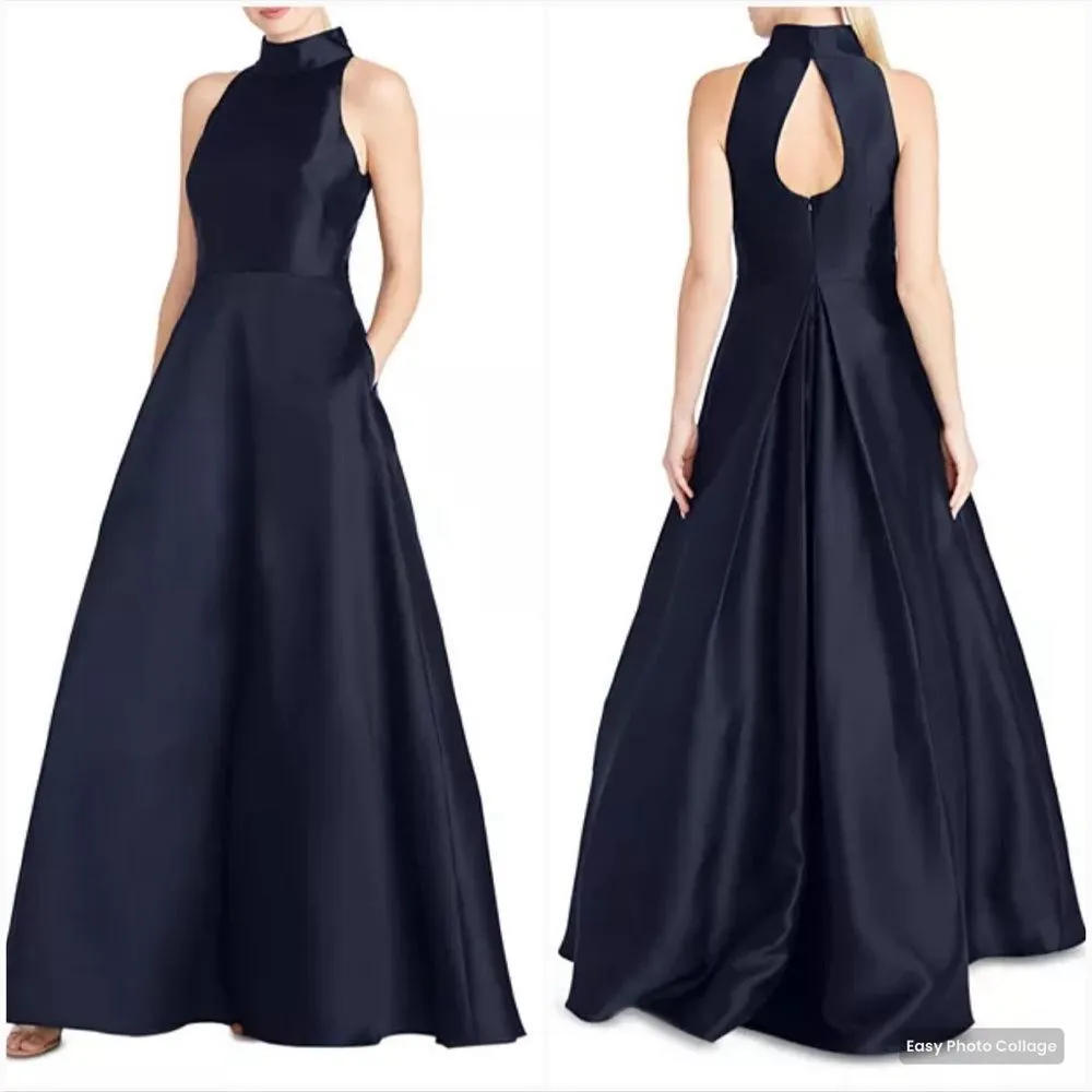 Monique Lhuillier High Neck Evening Gown Dress Navy Pockets - Image 3