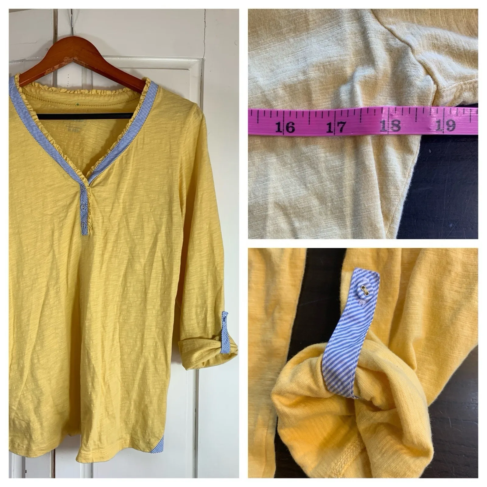 LL Bean Butter Yellow Shirt Womens Top Slub Roll‎ Tab Blue Stripe Trim Preppy Size M - Image 2