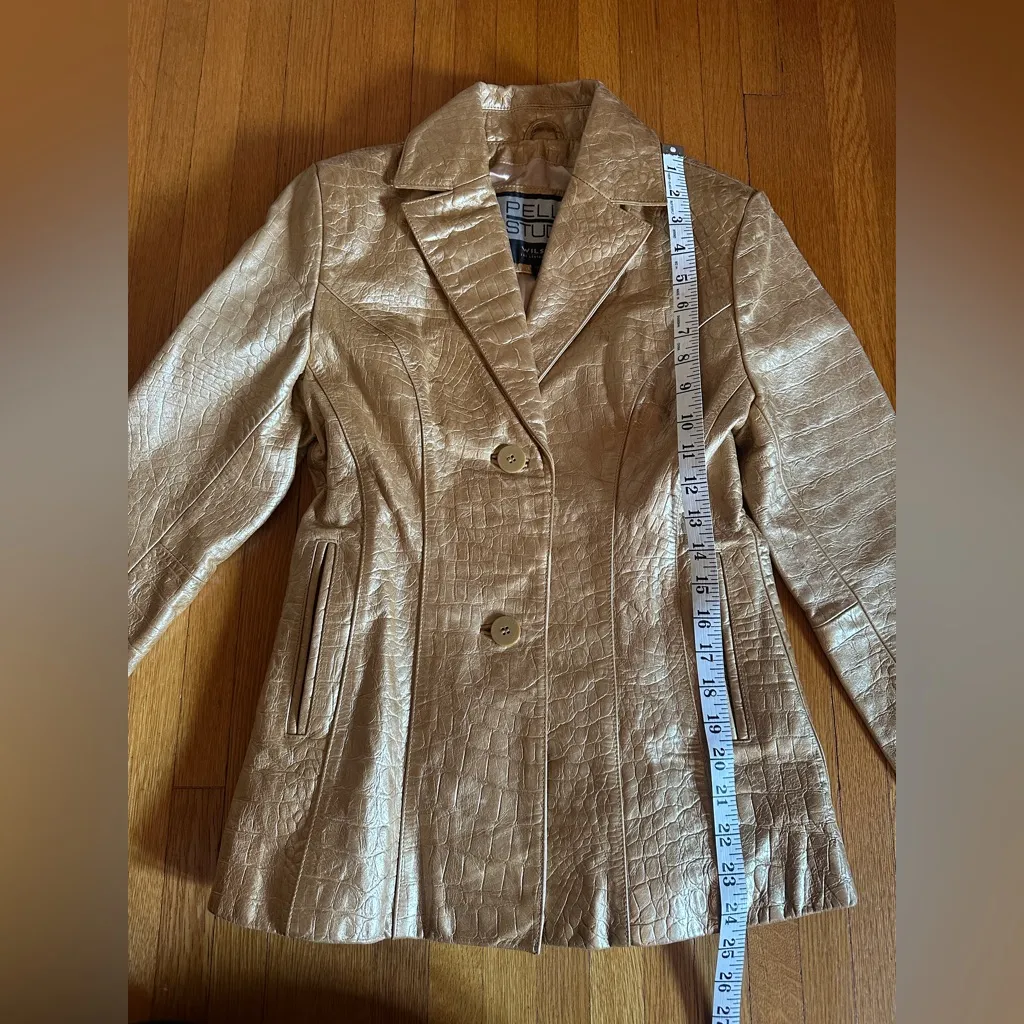 Vtg 90s Pelle Studio Metallic Gold Crocodile Blazer - Image 6