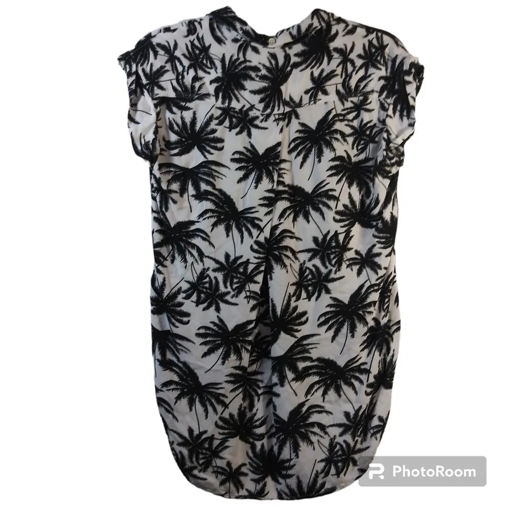 Jachs Girlfriend White Black Palm Tree Print Top High Low Button Front Size M - Image 2