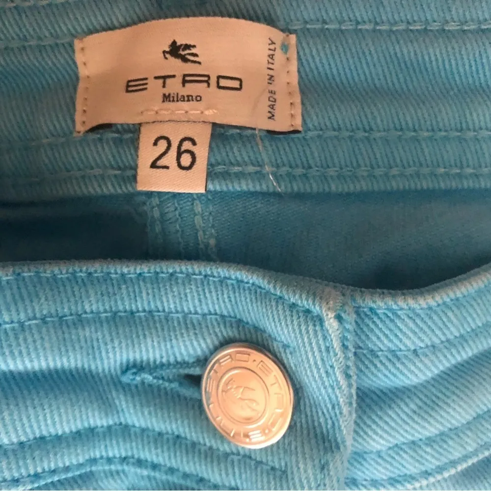 ETRO Embroidered Skinny Ankle Jean 26X28 Bright Sky Blue Italian Cotton Stretch Size 26 - Image 5