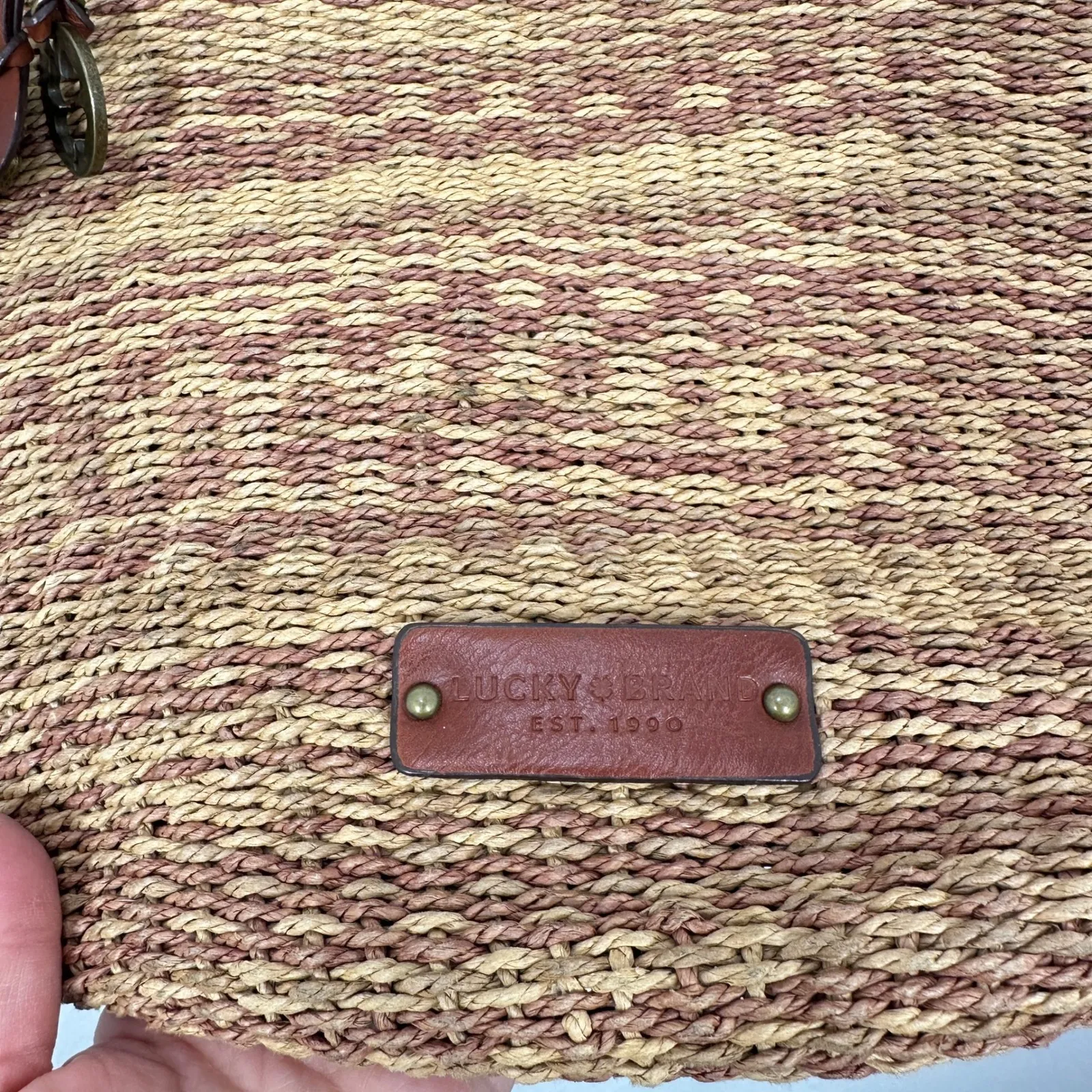 Lucky Brand Straw Tote Bag Brown Vegan Leather Trim Beach Summer Vacation - Image 14