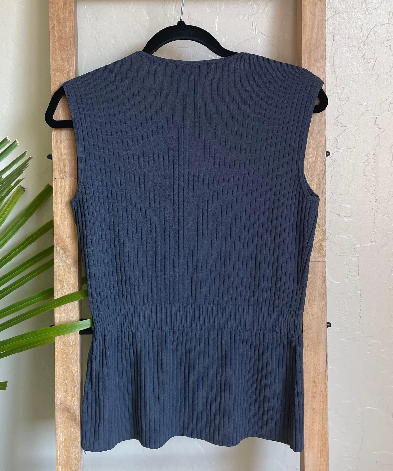 Navy Blue Ribbed Waist Detail Top Blouse - Image 2