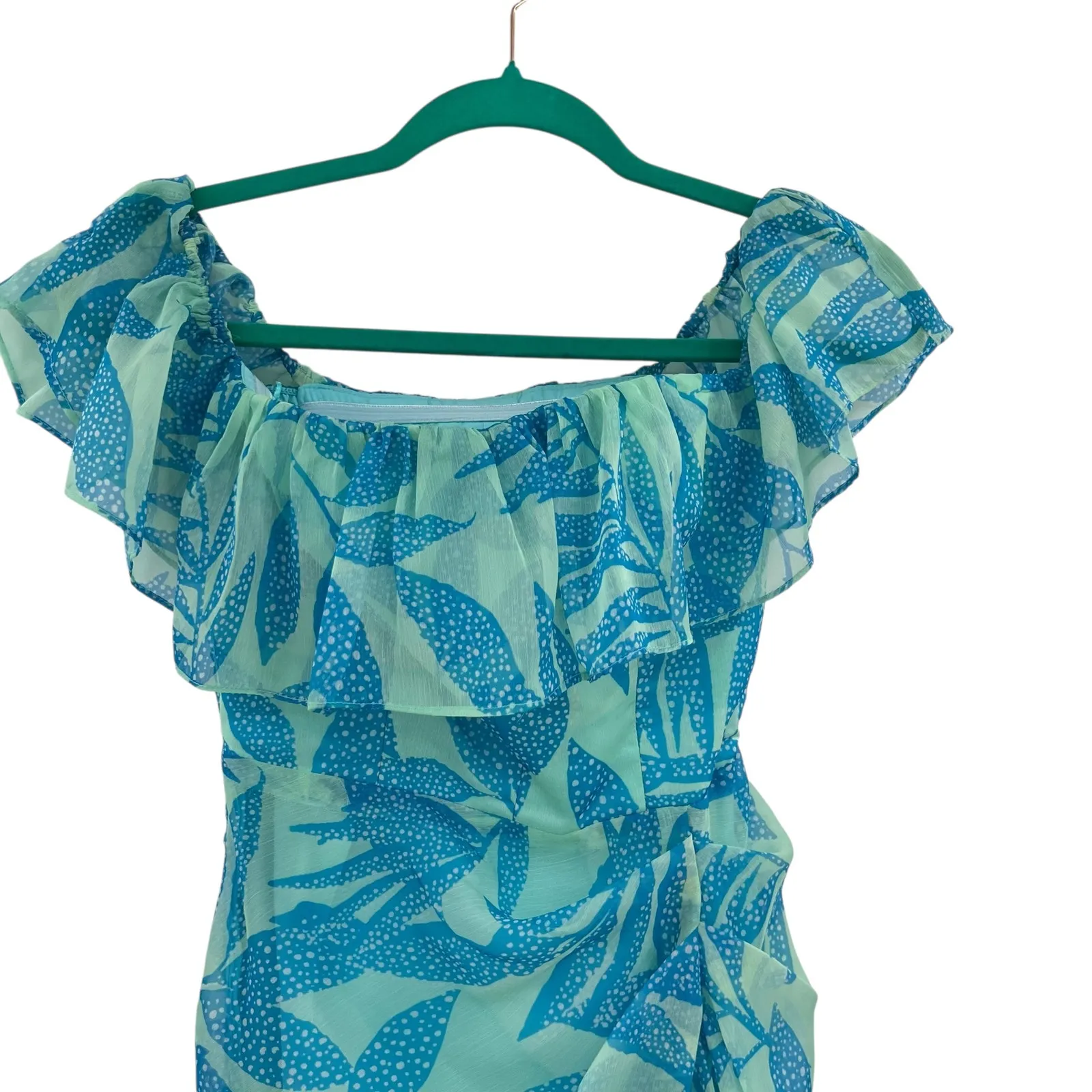 Amanda Uprichard Rosalinda Off-Shoulder Dress Tropical Print Green Blue Size XS‎ - Image 4