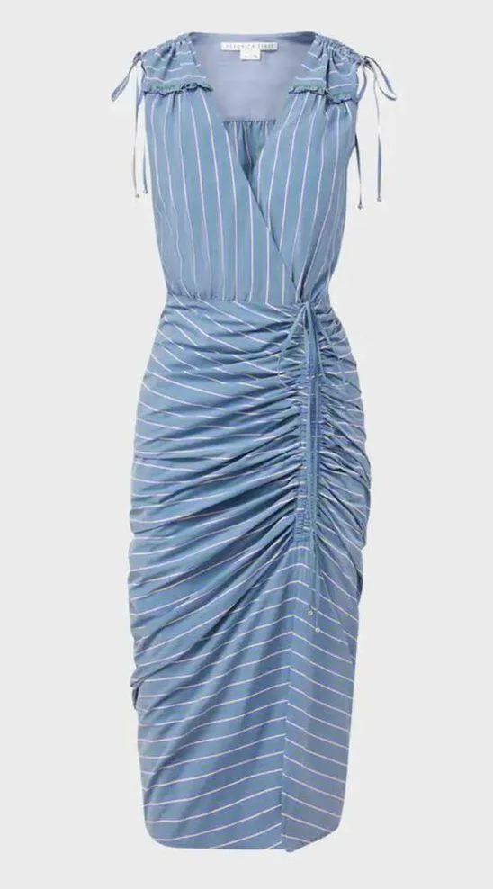 NWT Veronica Beard Teagan Stripe Ruched V-Neck Midi Dress in Blue/Kelly Green - Image 3