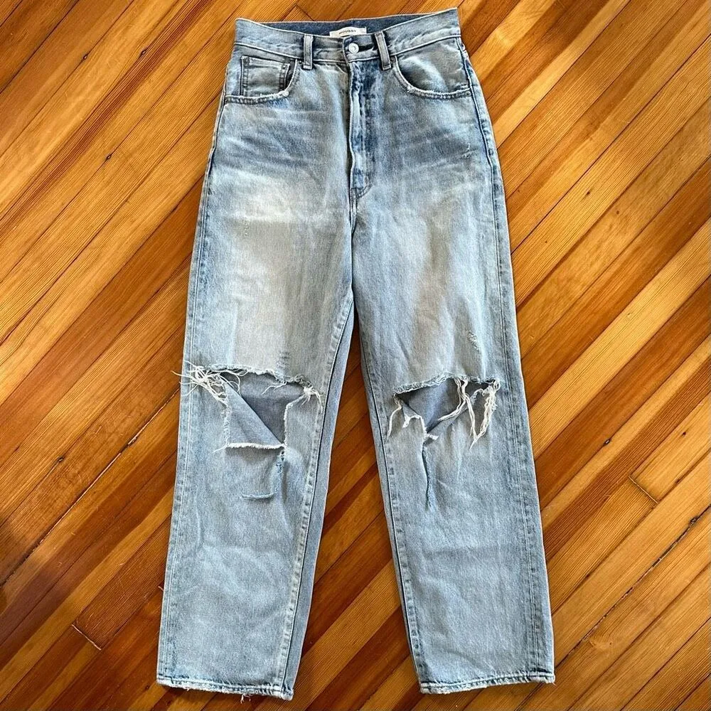 Moussy Japanese Denim High Waist Crash Loose Straight Jean Size 26 Blue - Image 2