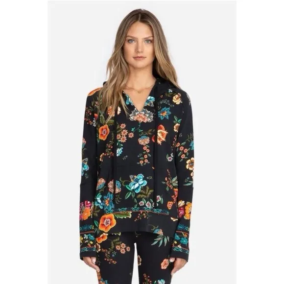 Johnny Was Ardell Pullover Hoodie Black Floral Print Boho Women’s Small - Image 3