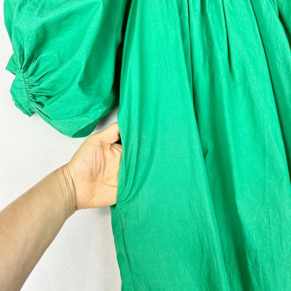 Never A Wallflower High Neck Dress Size XS Green Poplin Cotton Puff Sleeve - Image 4
