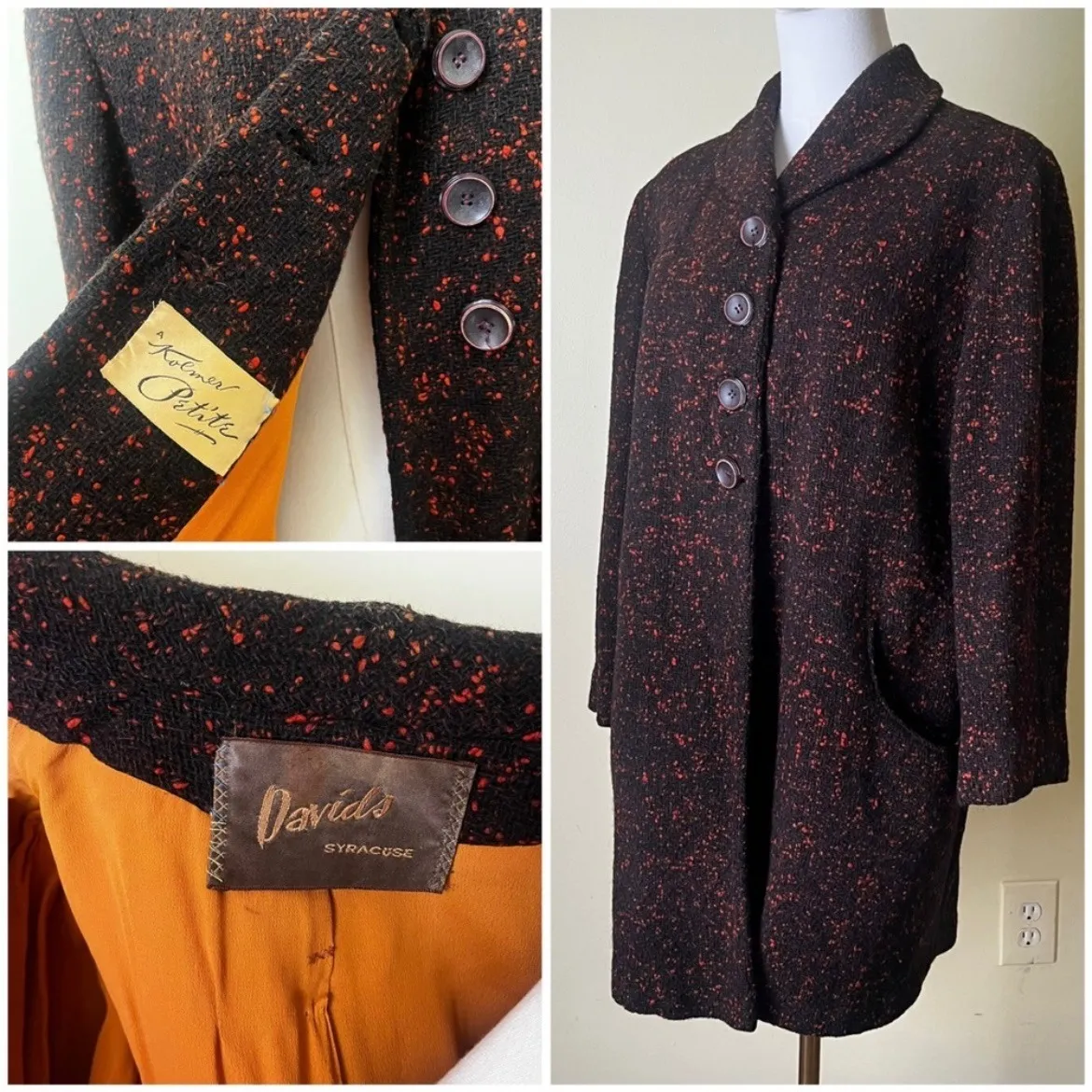 Vintage 1960s Koerner Petite Wool Coat Brown Red Speckled Tweed Mid Length Size M - Image 8