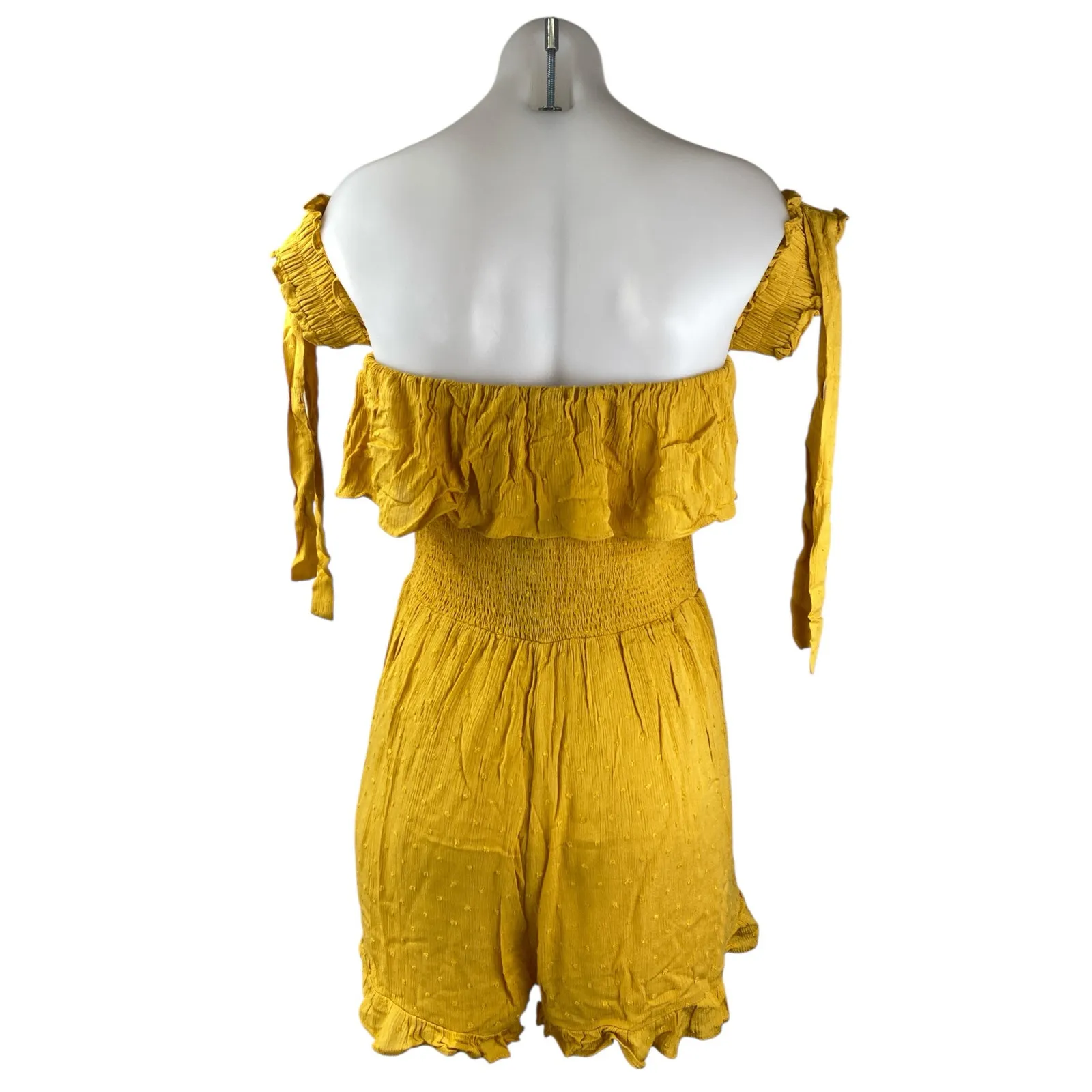 NEW Lulus Yellow Ruffle Smocked Off the Shoulder Wide Leg Romper Jumpsuit Size M - Image 2