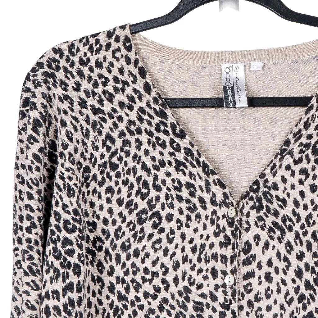 Anna Gray Cardigan L Womens Leopard Print VTG VNeck Silk Blend Black Size L - Image 3