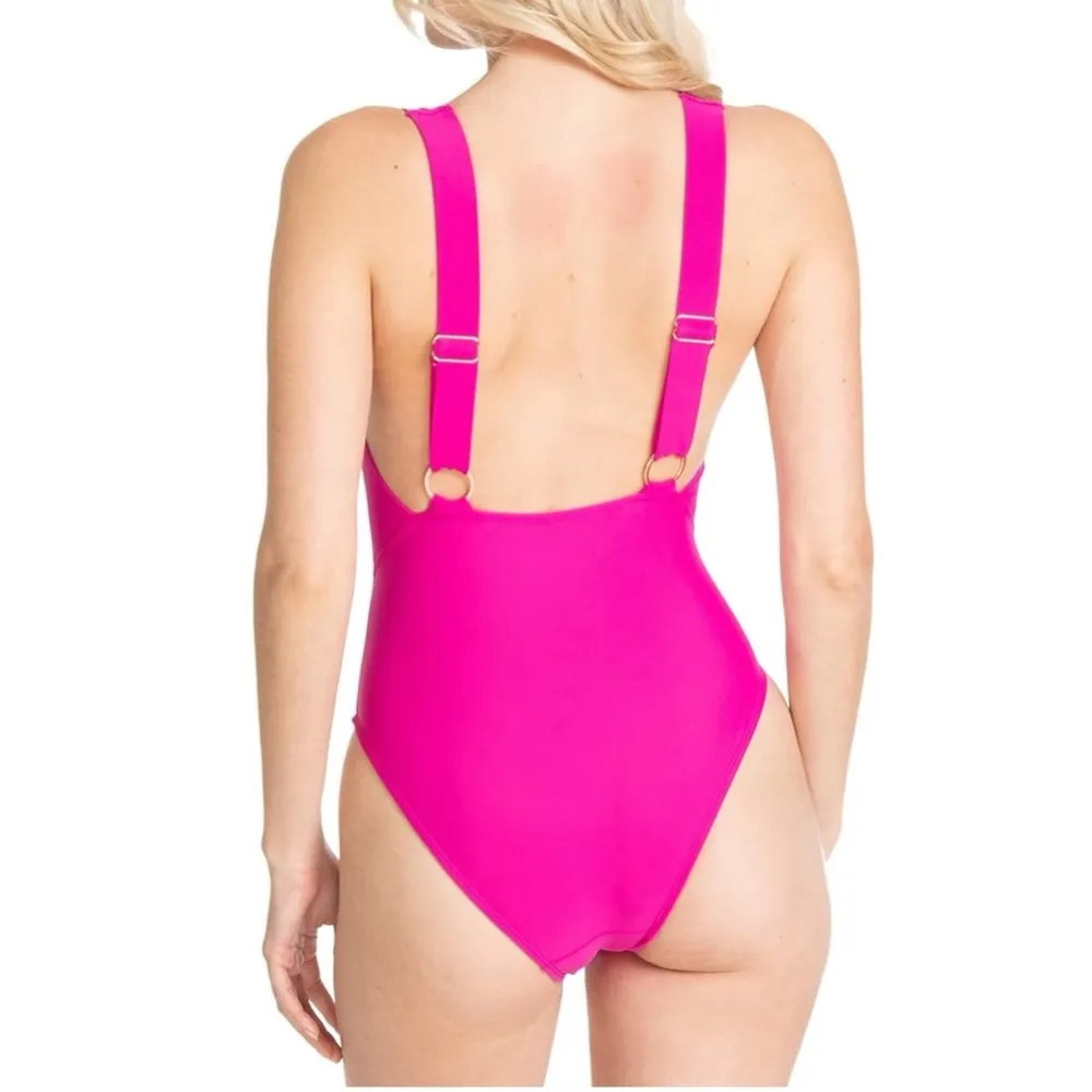NWT RACHEL Rachel Roy Solid Cutout High Leg One-Piece Swimsuit In Fuchsia - Image 3