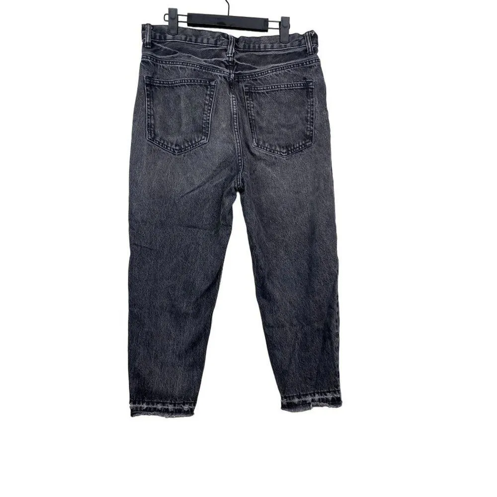 ZARA Straight Leg High Waisted Cropped Distressed Jeans Raw Hem 31 Washed Black - Image 5