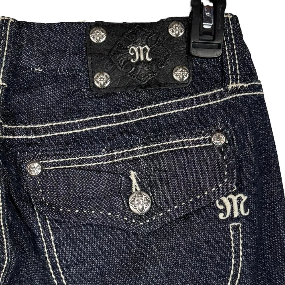 Miss Me SZ 29 Wide Leg Jeans Button-Flap Pockets Low-Rise Zip-Fly Dark Wash Blue - Image 7