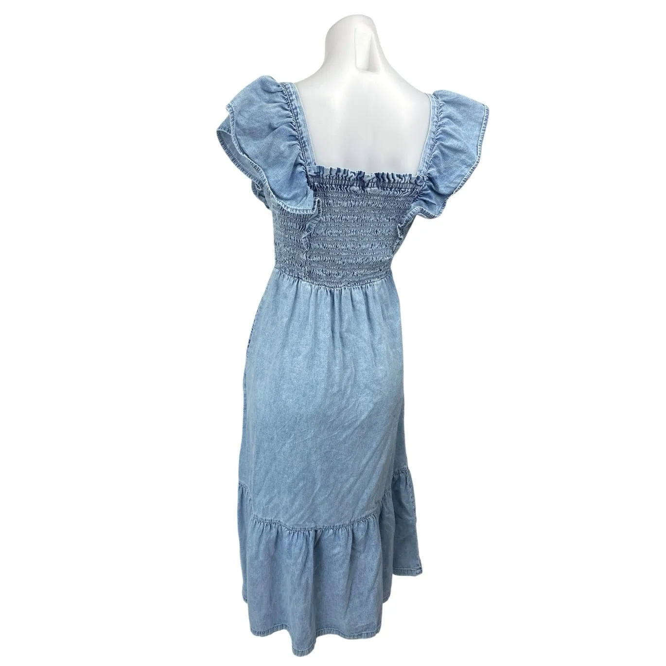 Gap Blue Denim Chambray Smocked Flutter Sleeve Ruffle Midi A-line Dress Size XS - Image 2