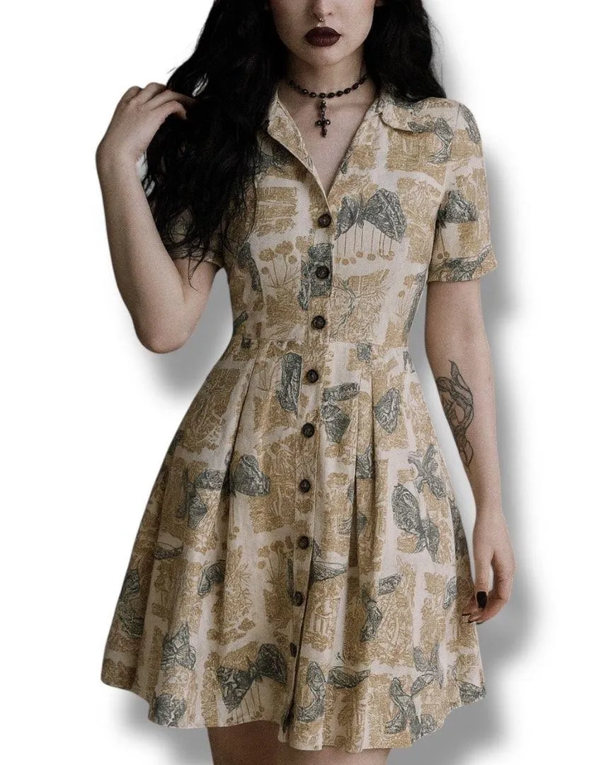 Girls From Savoy Dress Corduroy Moth Bird Botanical Print Button Down Retro Black Size 6 - Image 2