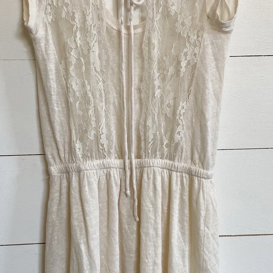 ZARA Collection Ecru 100% Linen Open Lace Back Dress Elastic Waist, Tie Back - S - Image 7