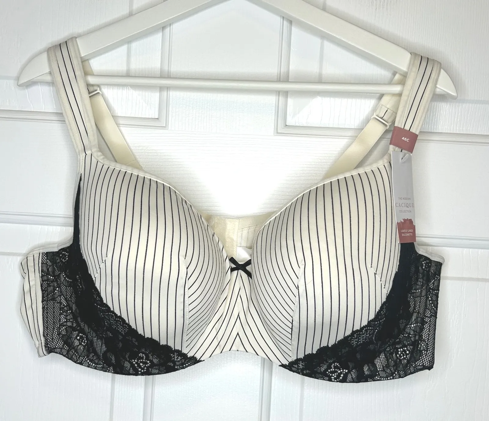 Cacique NWT Modern Lightly Lined Balconette Bra Size 46C Stripe Black Lace - Image 1
